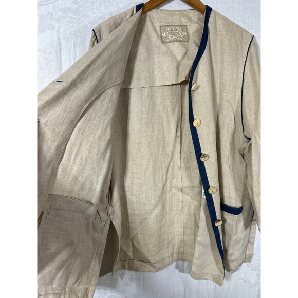 Natural Ecology Symbols Linen Blazer XL Tan Navy Blue Trm Lagenlook Rehli Tracht - Picture 11 of 16